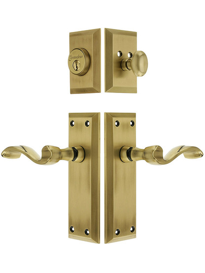 Grandeur Fifth Avenue Entry Set, Keyed Alike with Portofino Levers in Antique Brass.